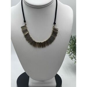 Natasha Gold Tone Spikes Dangles Black Leather‎ Necklace